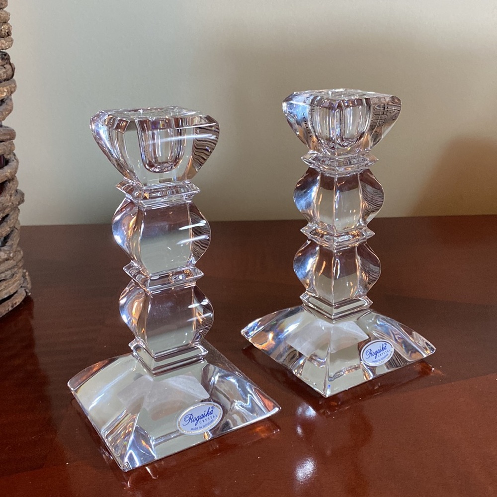 ROGASKA crystal candle holders. New in box.